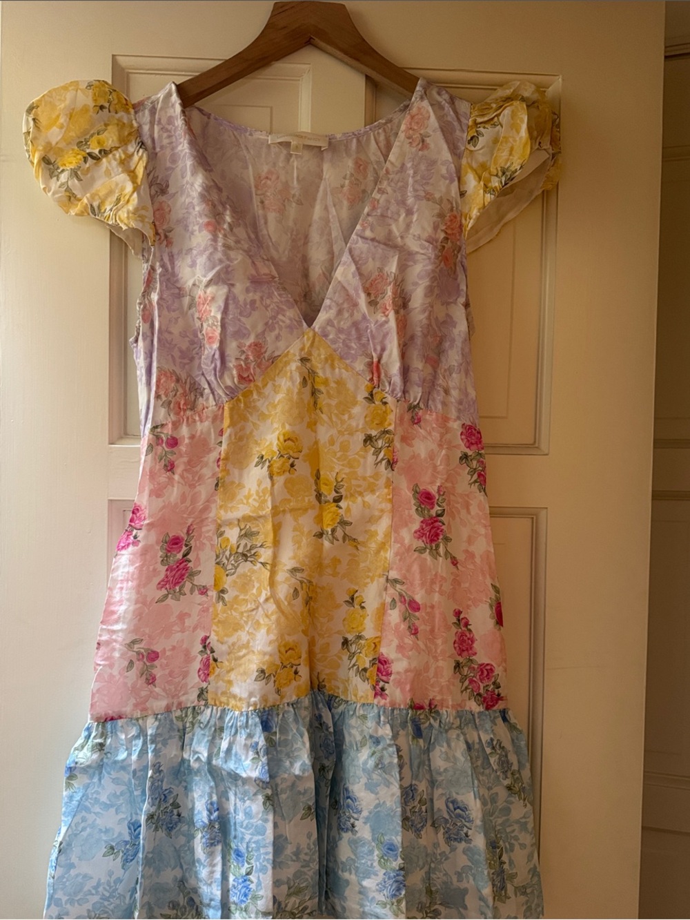 LoveShackFancy Patchwork Floral Mini Dress in Yellow, Pink & Blue